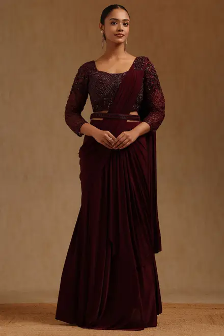 Wine Spandex Solid Ready To Wear Saree
